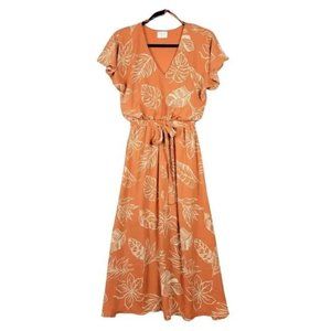 Sienna Sky Orange Leaf Tropical Maxi Dress w/ Flutter Sleeves